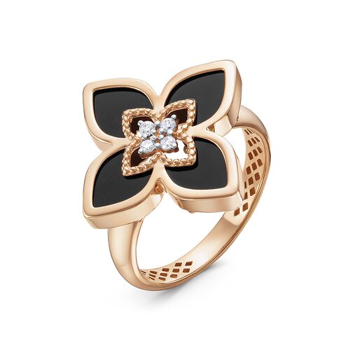 Кольцо "Цветок" с ониксом и фианитами из золота 585 пробы