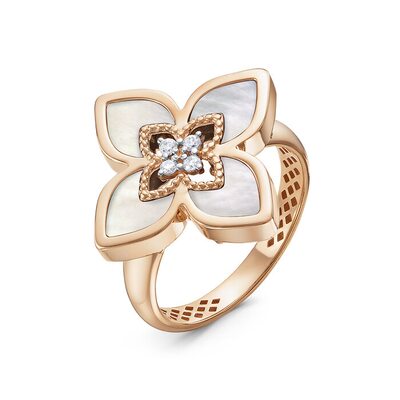 Кольцо "Цветок" с перламутром и фианитами из золота 585 пробы