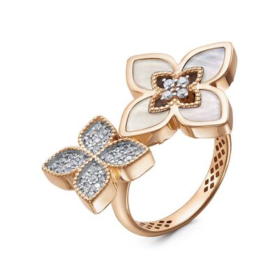 Кольцо "Цветы" с перламутром и фианитами из золота 585 пробы