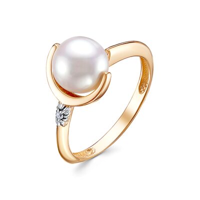 Кольцо с жемчугом и фианитами из золота 585 пробы