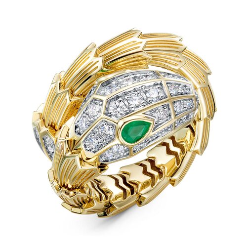 Кольцо "Змея" с бриллиантами и изумудами из желтого золота 585 пробы