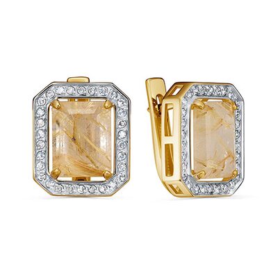 Серьги с кварцем и бриллиантами из желтого золота 585 пробы