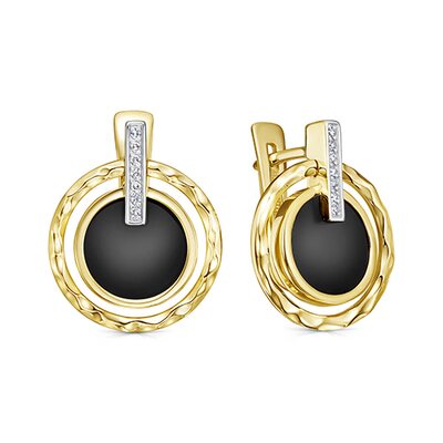 Серьги с агатом и бриллиантами из желтого золота 585 пробы