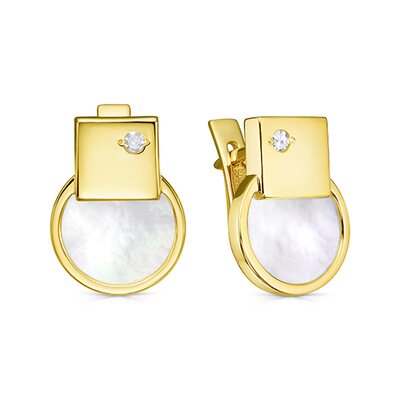 Серьги с перламутром и бриллиантами из желтого золота 585 пробы