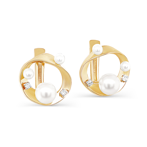 Серьги с жемчугом и бриллиантами из желтого золота 585 пробы