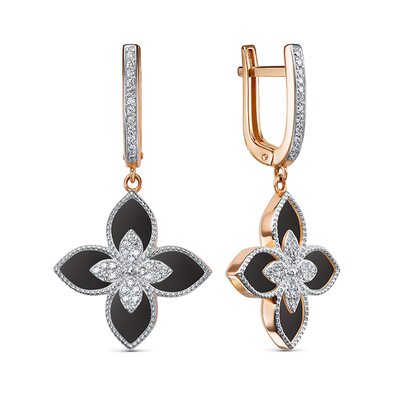 Серьги "Цветок" с ониксом и фианитами из золота 585 пробы