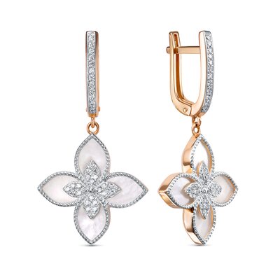 Серьги "Цветок" с перламутром и фианитами из золота 585 пробы