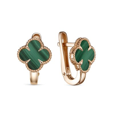 Серьги "Клевер" с малахитом из золота 585 пробы