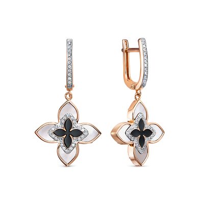 Серьги "Цветок" с фианитами, перламутром и эмалью из золота 585 пробы