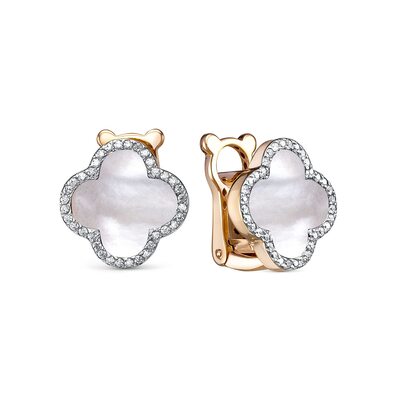 Серьги "Клевер" с фианитами и перламутром из золота 585 пробы