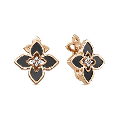 Серьги "Цветы" с ониксом и фианитами из золота 585 пробы