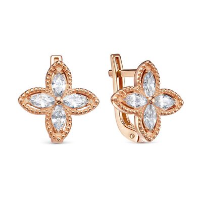 Серьги "Цветы" с фианитами из золота 585 пробы