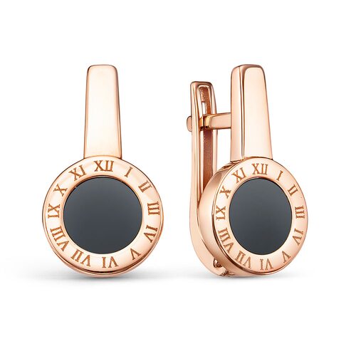 Серьги "Часы" с ониксом из золота 585 пробы