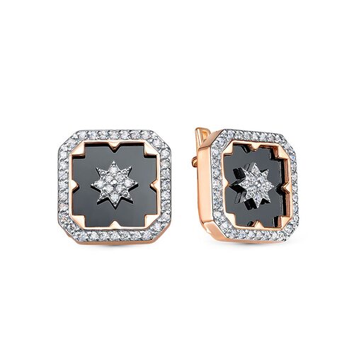 Серьги с ониксом и фианитами из золота 585 пробы