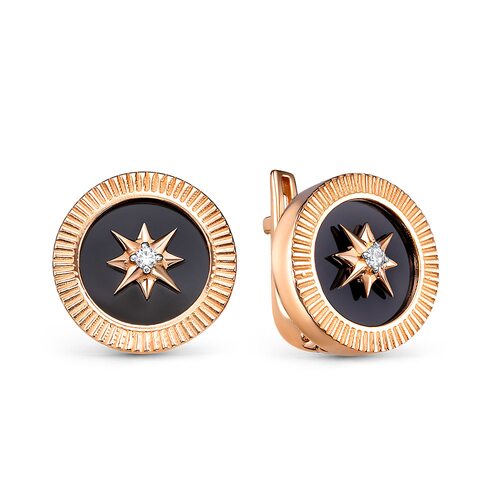 Серьги с ониксом и фианитами из золота 585 пробы