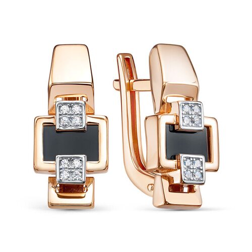 Серьги с ониксом и фианитами из золота 585 пробы