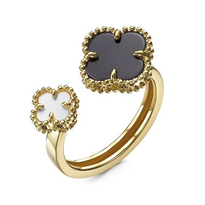 Кольцо "Клевер" с ониксом и перламутром из желтого золота 585 пробы