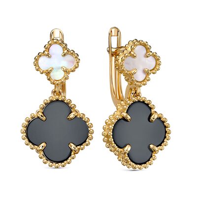 Серьги "Клевер" с ониксом и перламутром из желтого золота 585 пробы