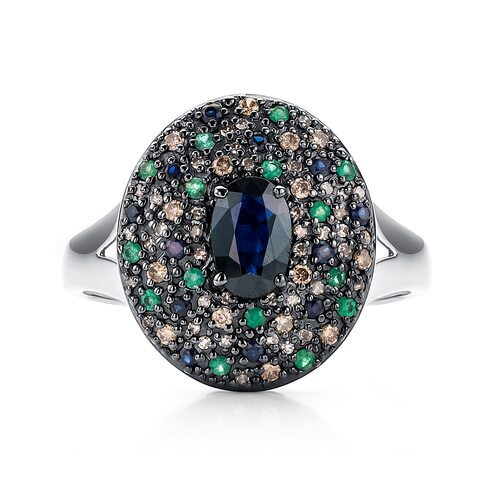 Кольцо с сапфирами, изумрудами и бриллиантами из белого золота 585 пробы