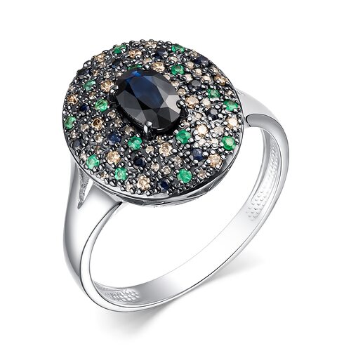 Кольцо с сапфирами, изумрудами и бриллиантами из белого золота 585 пробы