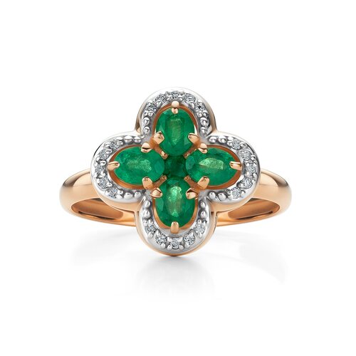 Кольцо "Клевер" с изумрудами  и бриллиантами из золота 585 пробы