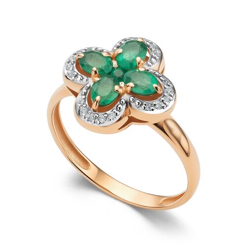 Кольцо "Клевер" с изумрудами  и бриллиантами из золота 585 пробы