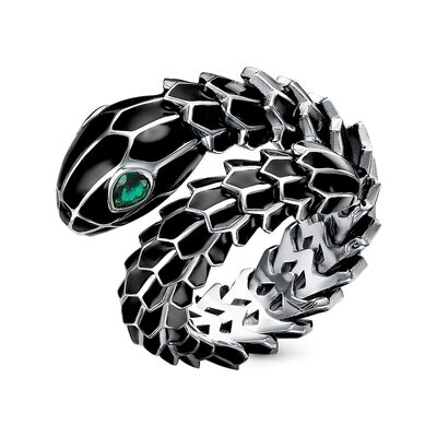 Кольцо "Змея" с фианитами и эмалью из серебра 925 пробы