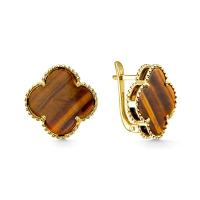 Серьги "Клевера" с тигровым глазом из желтого золота 585 пробы