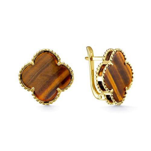 Серьги "Клевера" с тигровым глазом из желтого золота 585 пробы