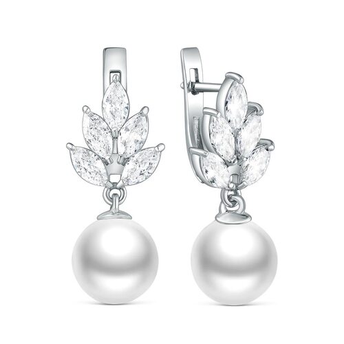 Серьги с жемчугом и фианитами из серебра 925 пробы