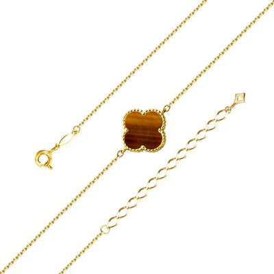 Браслет "Клевер" с тигровым глазом из желтого золота 585 пробы