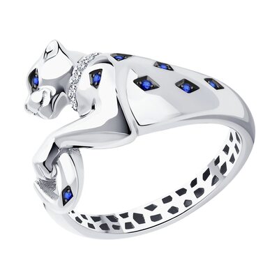Кольцо "Пантера" с сапфирами и бриллиантами из белого золота 585 пробы