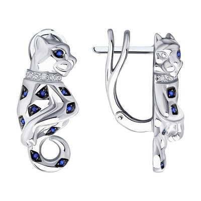 Серьги  "Пантера" с сапфирами и бриллиантами из белого золота 585 пробы