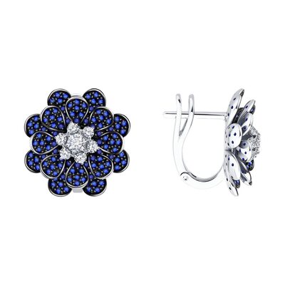 Серьги "Цветы" с сапфирами и бриллиантами из белого золота 585 пробы