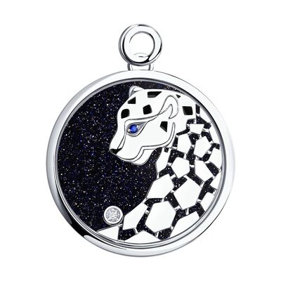 Подвеска  "Пантера" с сапфиром, бриллиантом и авантюриновым стеклом из белого золота 585 пробы