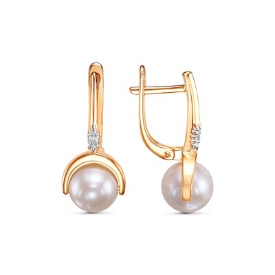 Серьги с жемчугом и фианитами из золота 585 пробы
