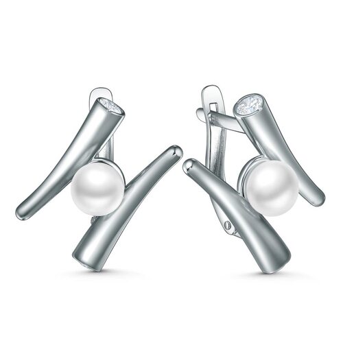 Серьги с жемчугом и фианитами из серебра 925 пробы