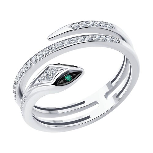 Кольцо "Змея" с бриллиантами и изумрудами из белого золота 585 пробы