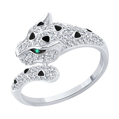 Кольцо "Пантера" с бриллиантами, изумрудами и эмалью из золота 585 пробы