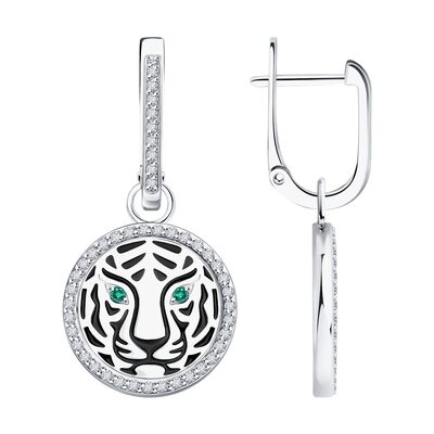 Серьги "Тигр" с бриллиантами, изумрудами и эмалью из белого золота 585 пробы