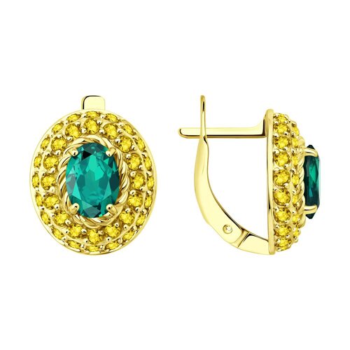 Серьги с изумрудами и сапфирами из желтого золота 585 пробы