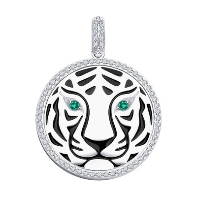 Подвеска "Тигр" с бриллиантами, изумрудами и эмалью из белого золота 585 пробы