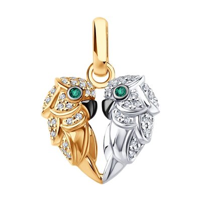 Подвеска "Попугаи" с бриллиантами и изумрудами из золота 585 пробы