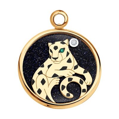 Подвеска "Пантера" с изумрудом, бриллиантом, эмалью и стеклом из золота 585 пробы