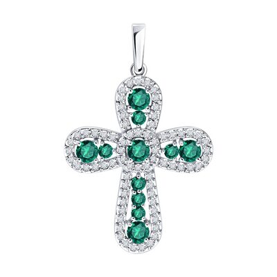 Декоративный крест с бриллиантами и изумрудами из белого золота 585 пробы
