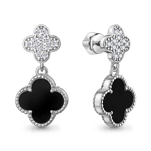 Серьги "Клевера" с ониксом и фианитами из серебра 925 пробы