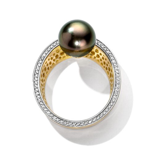 Кольцо с жемчугом и бриллиантами из желтого золота 585 пробы