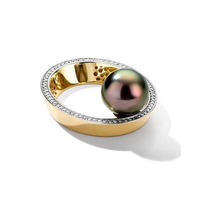 Кольцо с жемчугом и бриллиантами из желтого золота 585 пробы