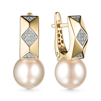 Серьги с жемчугом и бриллиантами из желтого золота 585 пробы
