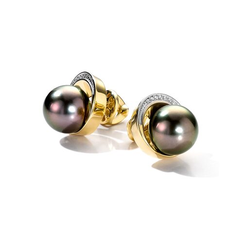Серьги с жемчугом и бриллиантами из желтого золота 585 пробы